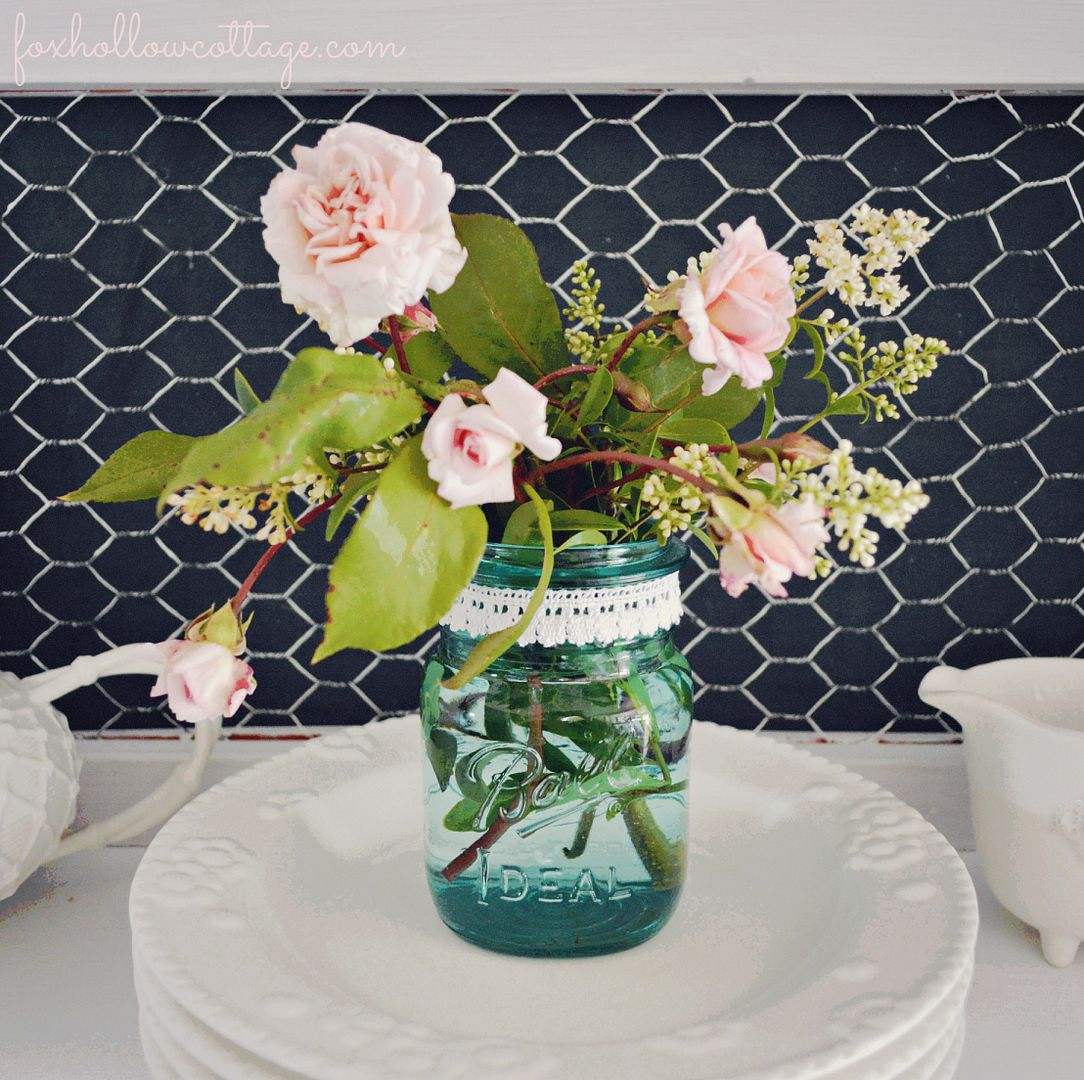 Vintage Aqua Ball Jar Roses Honeysuckle Vase Flower Display