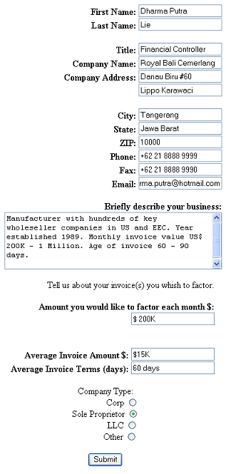 Receivable Factoring Application Form Example