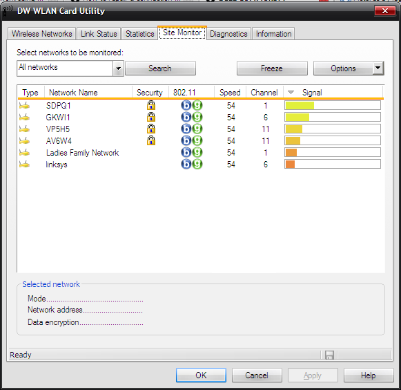 However, I know that my card is working since it can still monitor what networks are in range, but only with the DW WLAN utility: