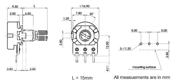 pcs Alpha 5KB / B5K / 5K Pot potentiometer 17mm 1/4W  